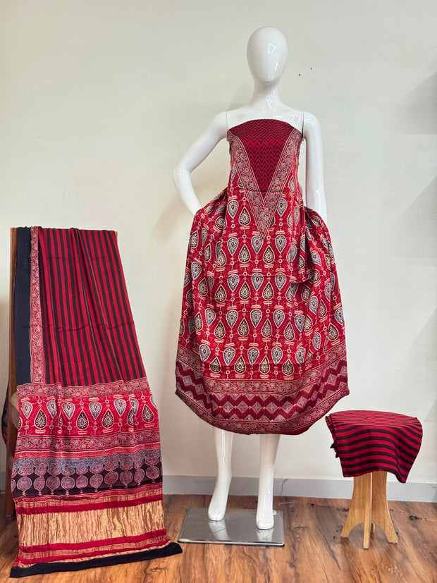 Ajrakh Hand Block Print Natural Dye Pure Modal Silk 3 Piece Suit with Zari Pallu Dupatta