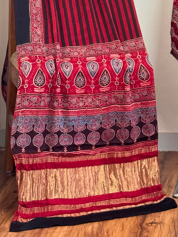 Ajrakh Hand Block Print Natural Dye Pure Modal Silk 3 Piece Suit with Zari Pallu Dupatta