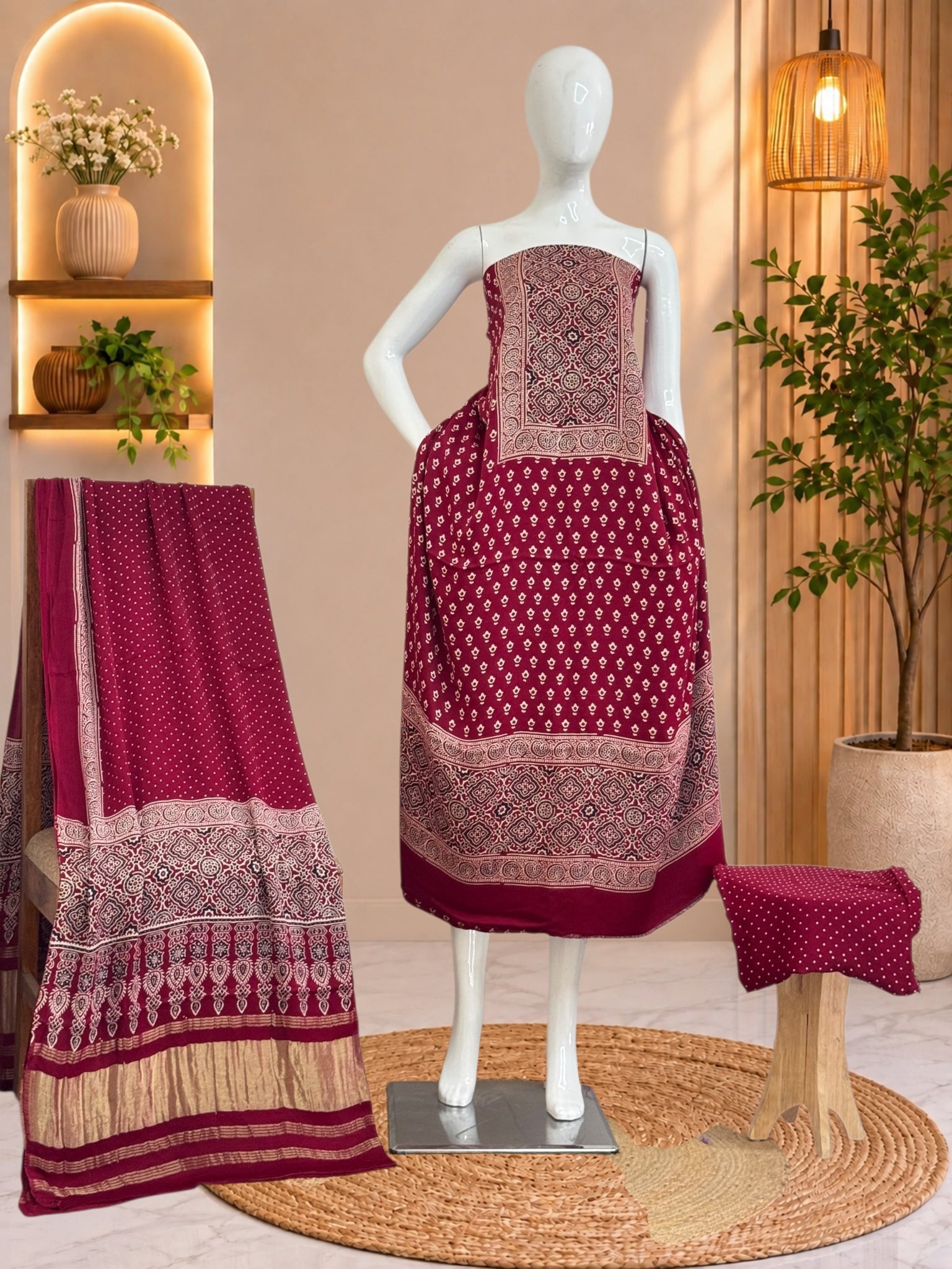 Premium  Ajrakh Hand Block Print Modal Silk 3-Piece Suit Set with Zari Pallu Dupatta