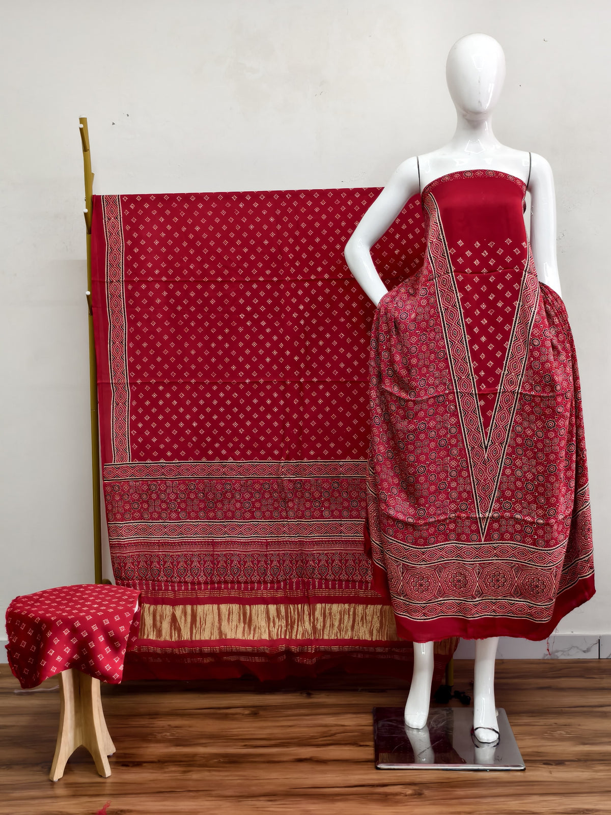 Havi Modal Silk Ajrakh Neptol Dye & Discharge Print Panel Design 3-Piece Suit - The Ajrakh Studio