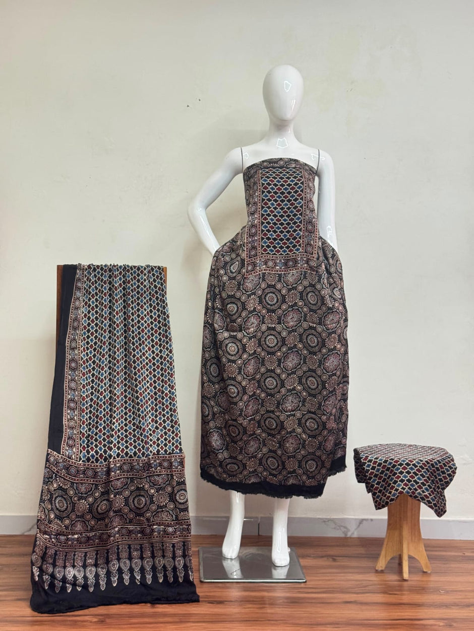 Havi Pure Modal Silk Ajrakh Natural Dye 3-Piece Suit 11 - The Ajrakh Studio