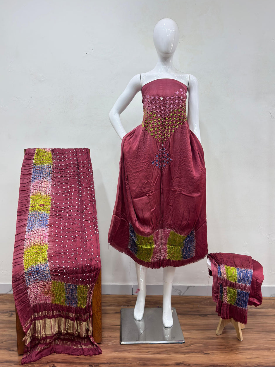 Modal Silk Bandhani Multi Bandhej Neck Shibori Daman Suit 02 - The Ajrakh Studio