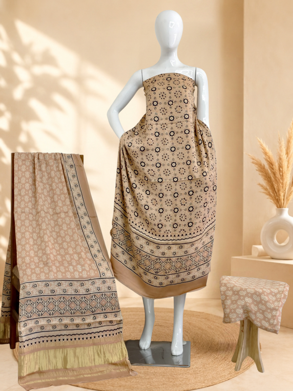 Premium Ajrakh Hand Block Print Modal Silk 3-Piece Suit Set with Zari Pallu Dupatta