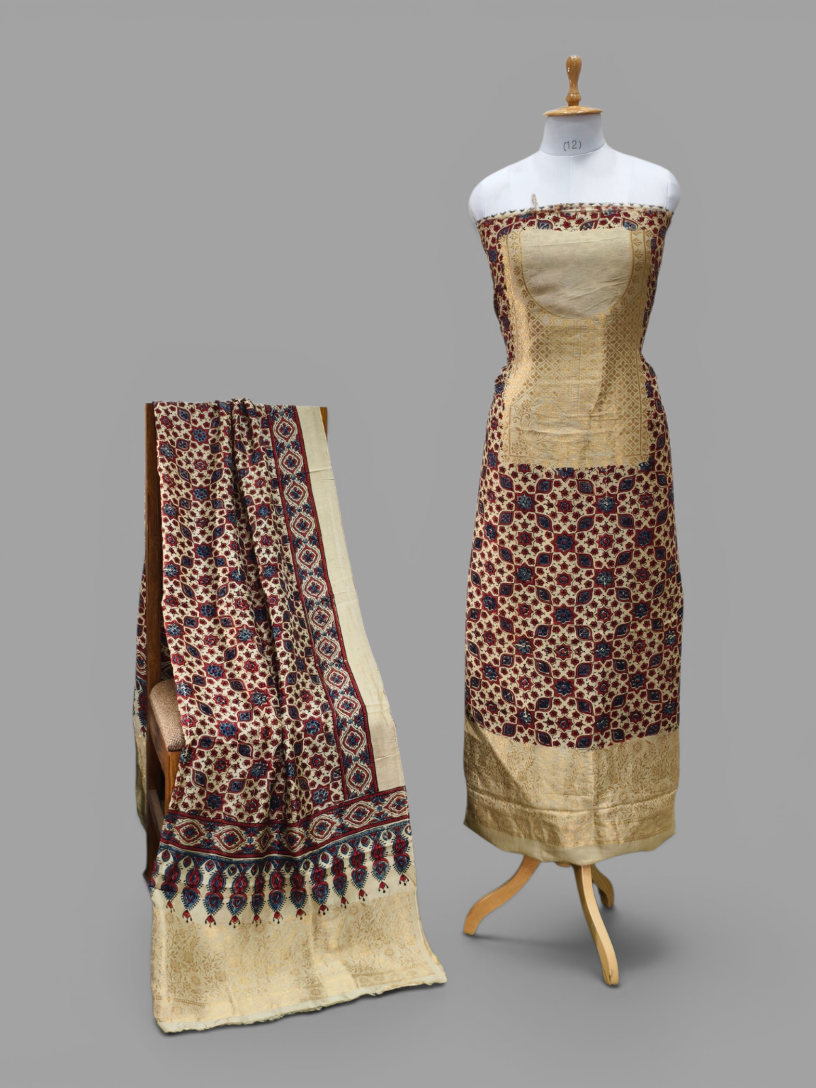 Premium Dola Silk Ajrakh Hand Block Print Natural Dye 2-Piece Suit with Zari Border Dupatta