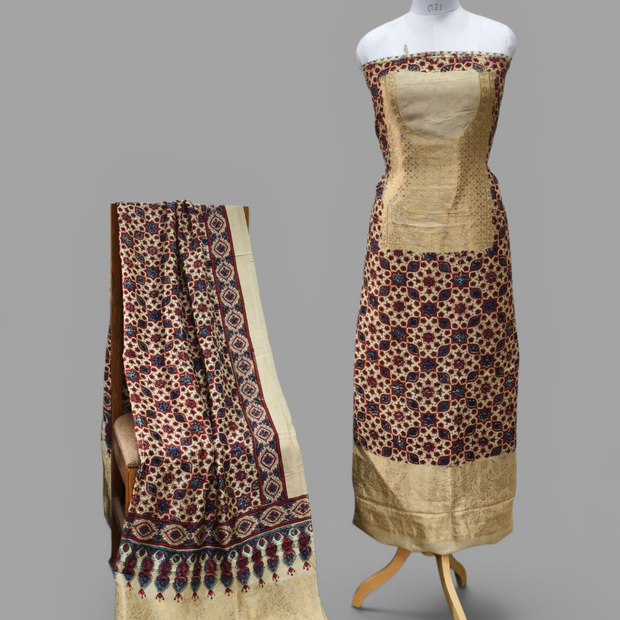Premium Dola Silk Ajrakh Hand Block Print Natural Dye 2-Piece Suit with Zari Border Dupatta