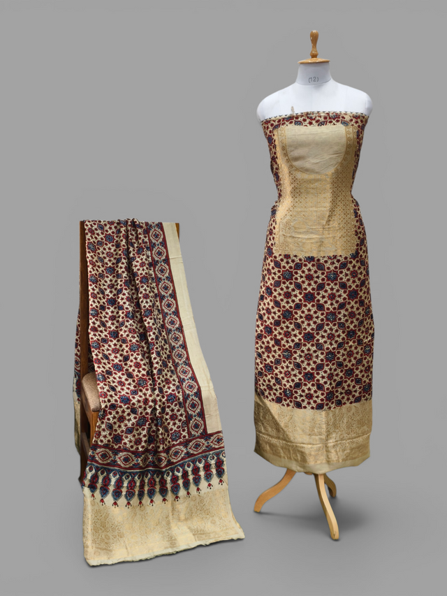Premium Dola Silk Ajrakh Hand Block Print Natural Dye 2-Piece Suit with Zari Border Dupatta