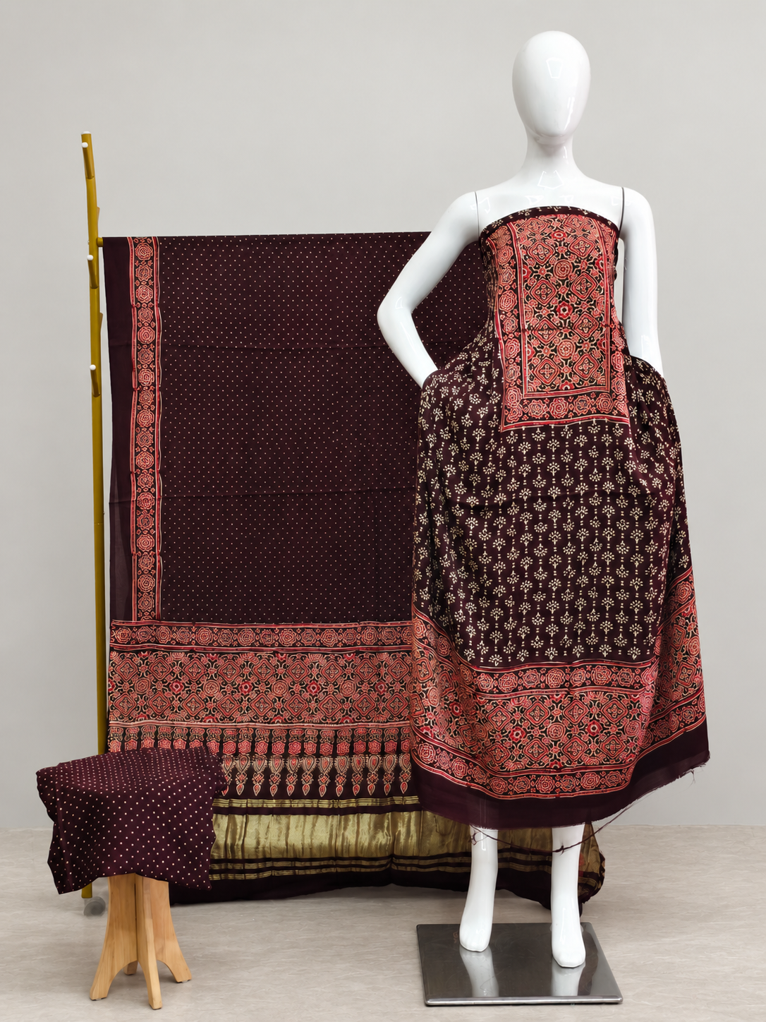 Havi Modal Silk Ajrakh Neptol Dye & Discharge Print Panel Design 3-Piece Suit - The Ajrakh Studio