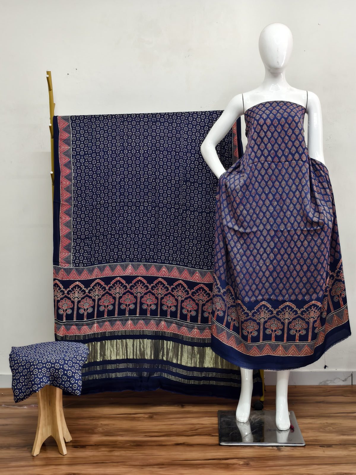 Havi Modal Silk Ajrakh Neptol Dye & Discharge Print Panel Design 3-Piece Suit - The Ajrakh Studio