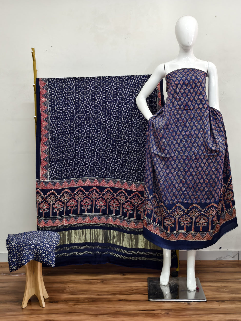 Havi Modal Silk Ajrakh Neptol Dye & Discharge Print Panel Design 3-Piece Suit - The Ajrakh Studio