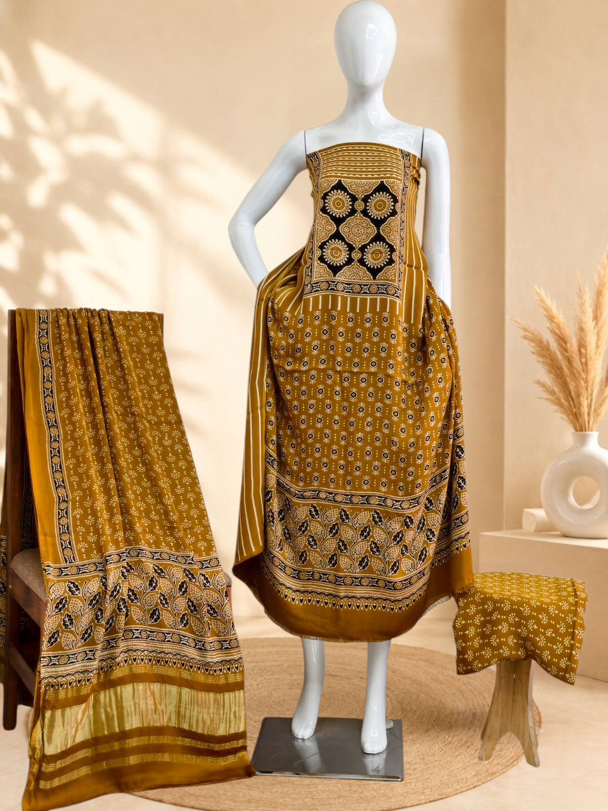 Premium Ajrakh Hand Block Print Modal Silk 3-Piece Suit Set with Zari Pallu Dupatta