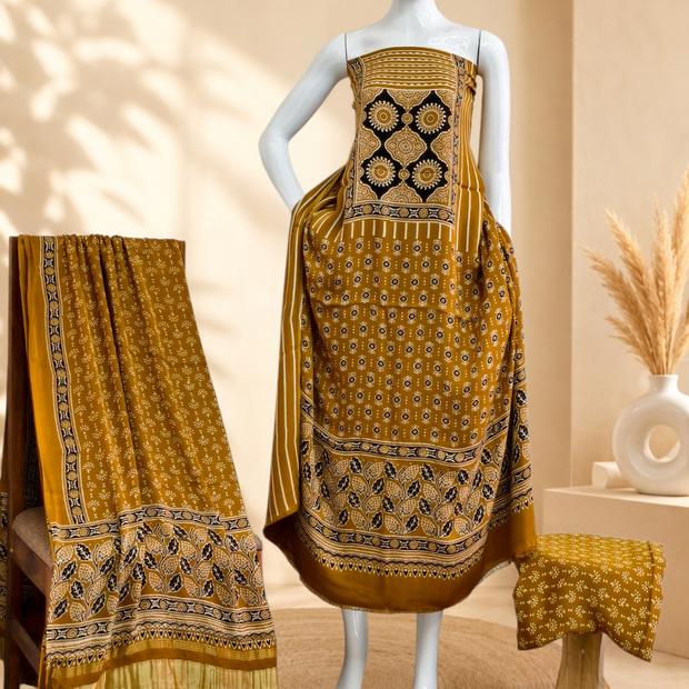 Premium Ajrakh Hand Block Print Modal Silk 3-Piece Suit Set with Zari Pallu Dupatta
