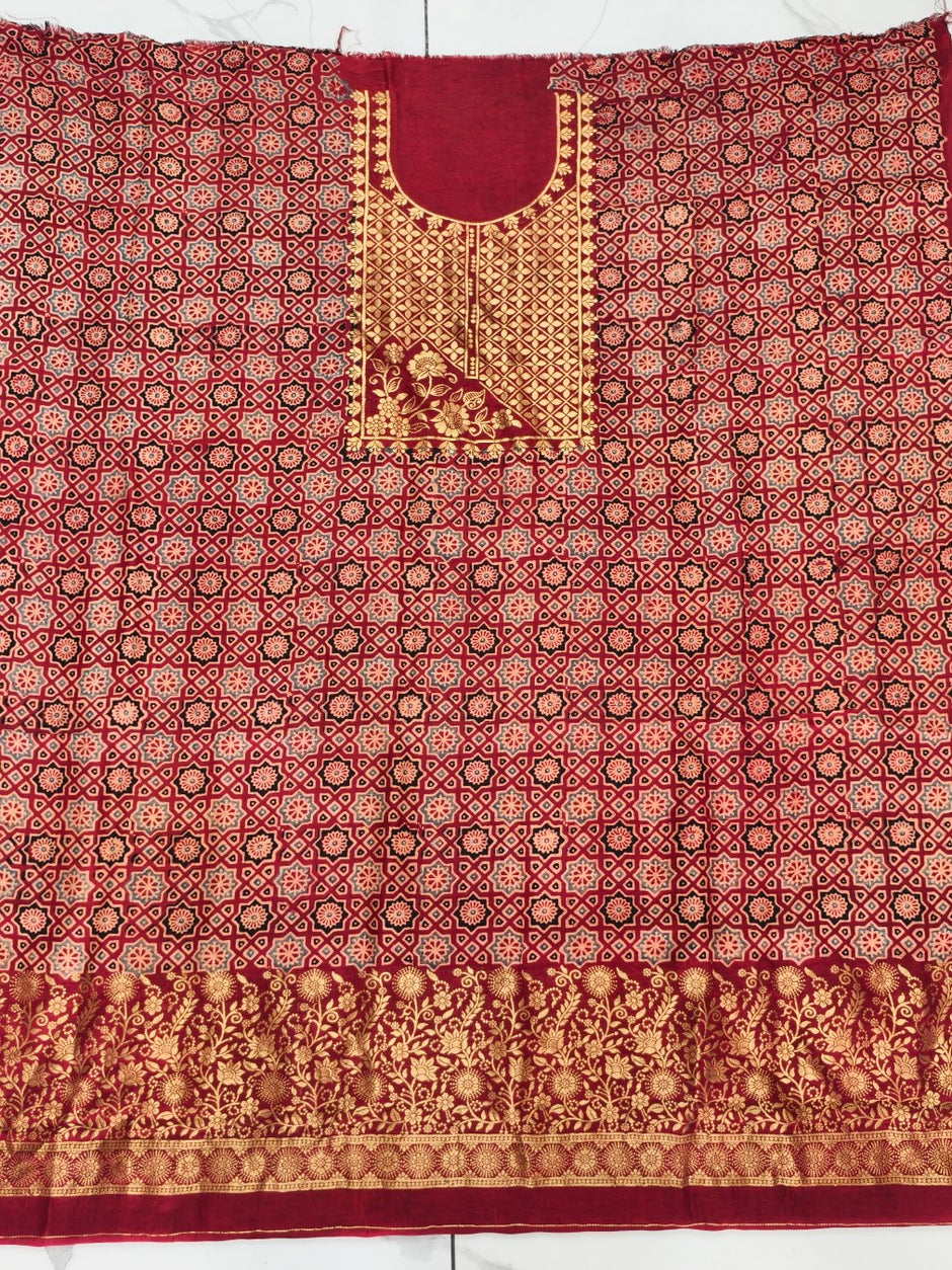 Premium Dola Silk Ajrakh Hand Block Print Natural Dye 2-Piece Suit with Zari Border Dupatta
