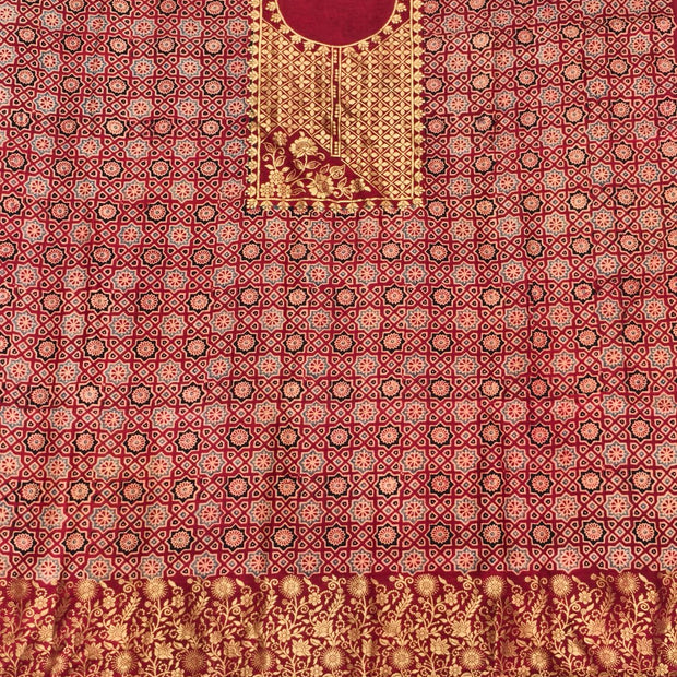 Premium Dola Silk Ajrakh Hand Block Print Natural Dye 2-Piece Suit with Zari Border Dupatta