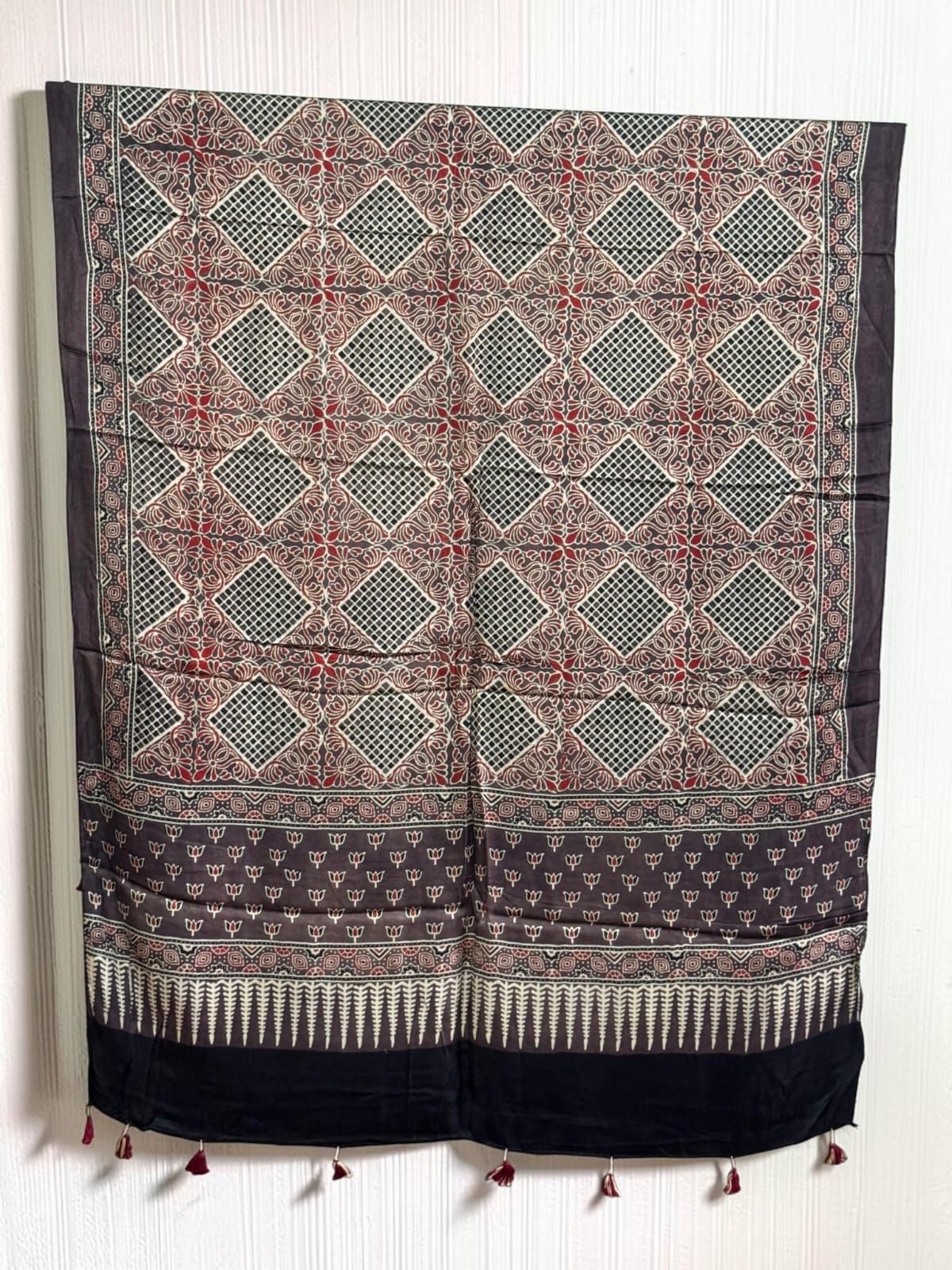 Ajrakh Modal Silk Natural Dye Dupatta with Tassels 11 - The Ajrakh Studio