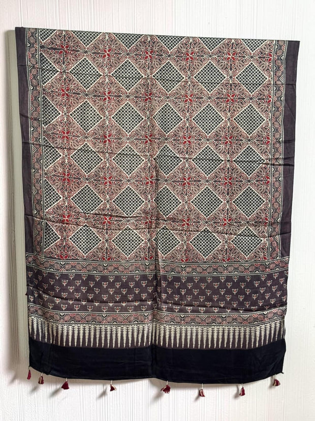 Ajrakh Modal Silk Natural Dye Dupatta with Tassels 11 - The Ajrakh Studio