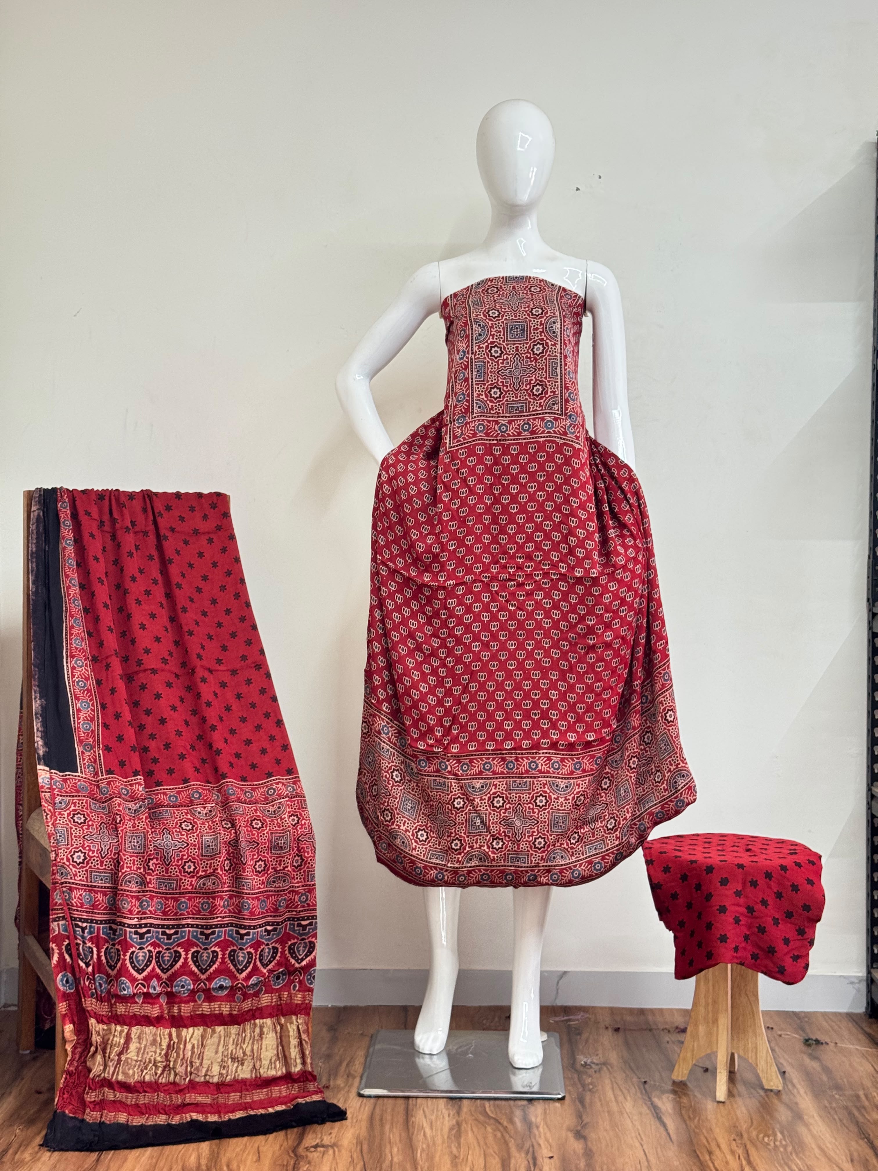 Ajrakh Hand Block Print Natural Dye Pure Modal Silk 3 Piece Suit with Zari Pallu Dupatta