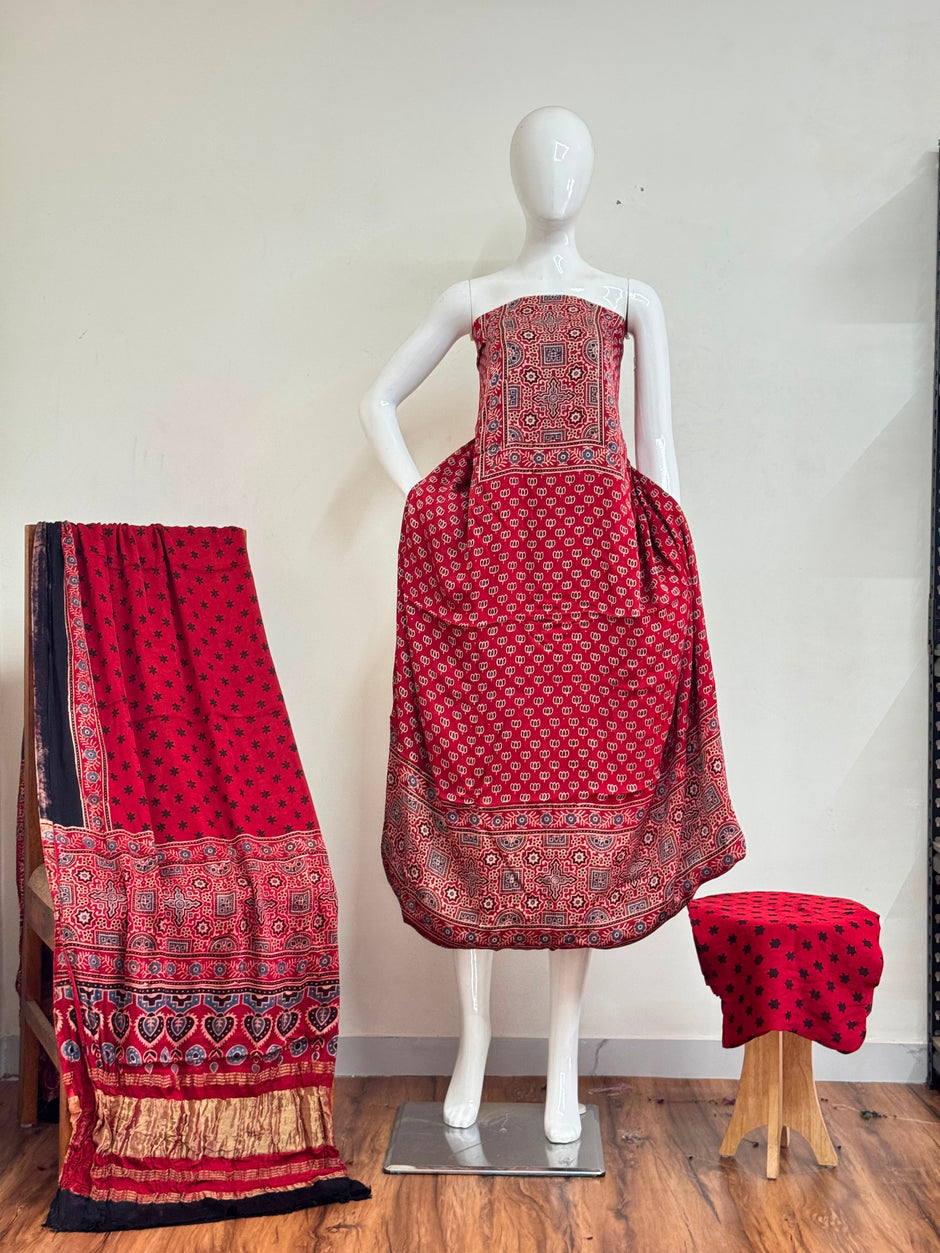 Ajrakh Hand Block Print Natural Dye Pure Modal Silk 3 Piece Suit with Zari Pallu Dupatta