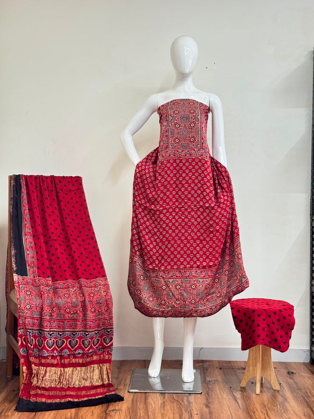 Ajrakh Hand Block Print Natural Dye Pure Modal Silk 3 Piece Suit with Zari Pallu Dupatta