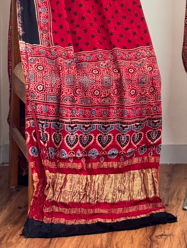 Ajrakh Hand Block Print Natural Dye Pure Modal Silk 3 Piece Suit with Zari Pallu Dupatta