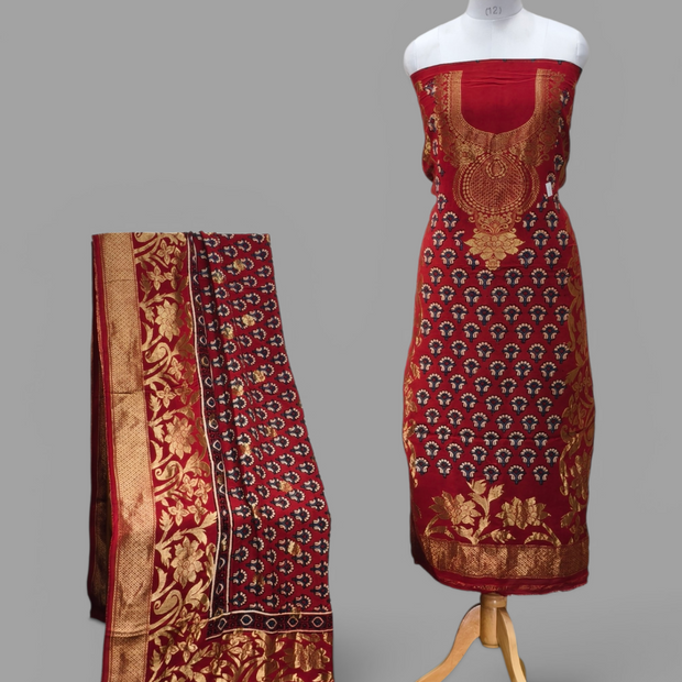 Premium Dola Silk Ajrakh Hand Block Print Natural Dye 2-Piece Suit with Zari Border Dupatta