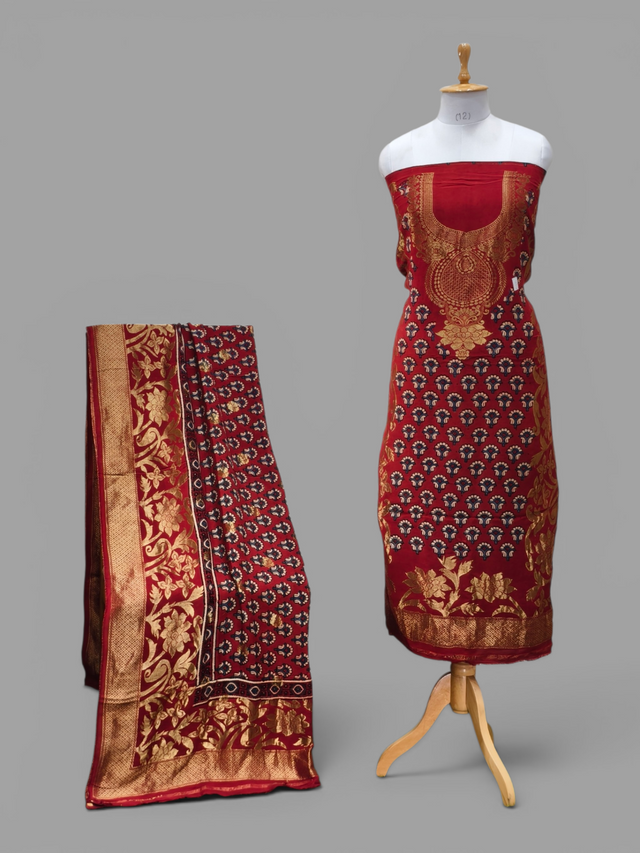 Premium Dola Silk Ajrakh Hand Block Print Natural Dye 2-Piece Suit with Zari Border Dupatta