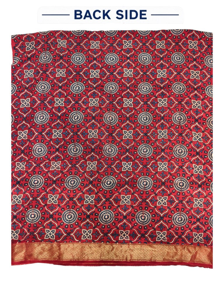 Premium Dola Silk Ajrakh Hand Block Print Natural Dye 2-Piece Suit with Zari Border Dupatta