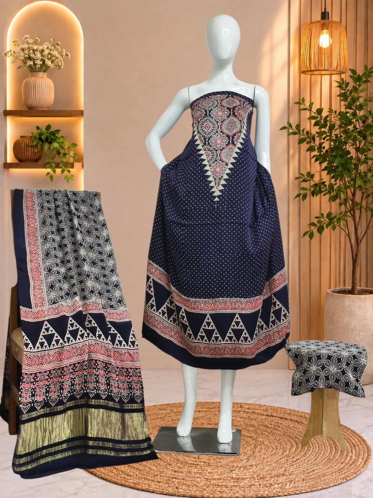 Premium  Ajrakh Hand Block Print Modal Silk 3-Piece Suit Set with Zari Pallu Dupatta