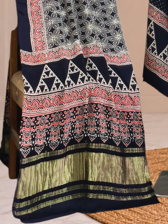 Premium  Ajrakh Hand Block Print Modal Silk 3-Piece Suit Set with Zari Pallu Dupatta