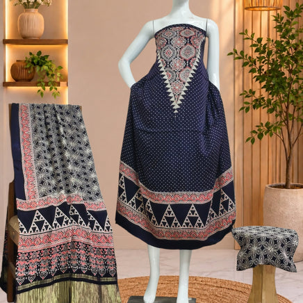 Premium  Ajrakh Hand Block Print Modal Silk 3-Piece Suit Set with Zari Pallu Dupatta