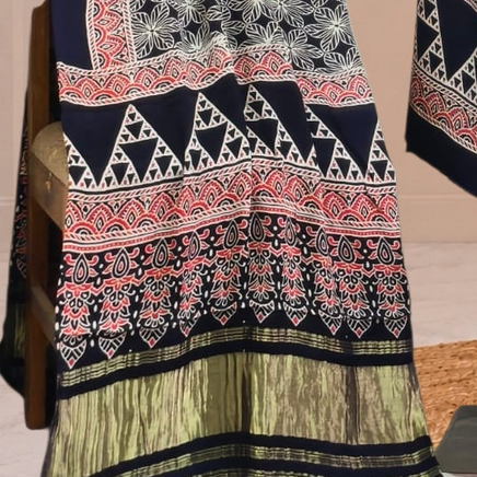 Premium  Ajrakh Hand Block Print Modal Silk 3-Piece Suit Set with Zari Pallu Dupatta