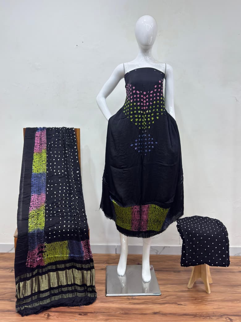 Modal Silk Bandhani Multi Bandhej Neck Shibori Daman Suit 07 - The Ajrakh Studio
