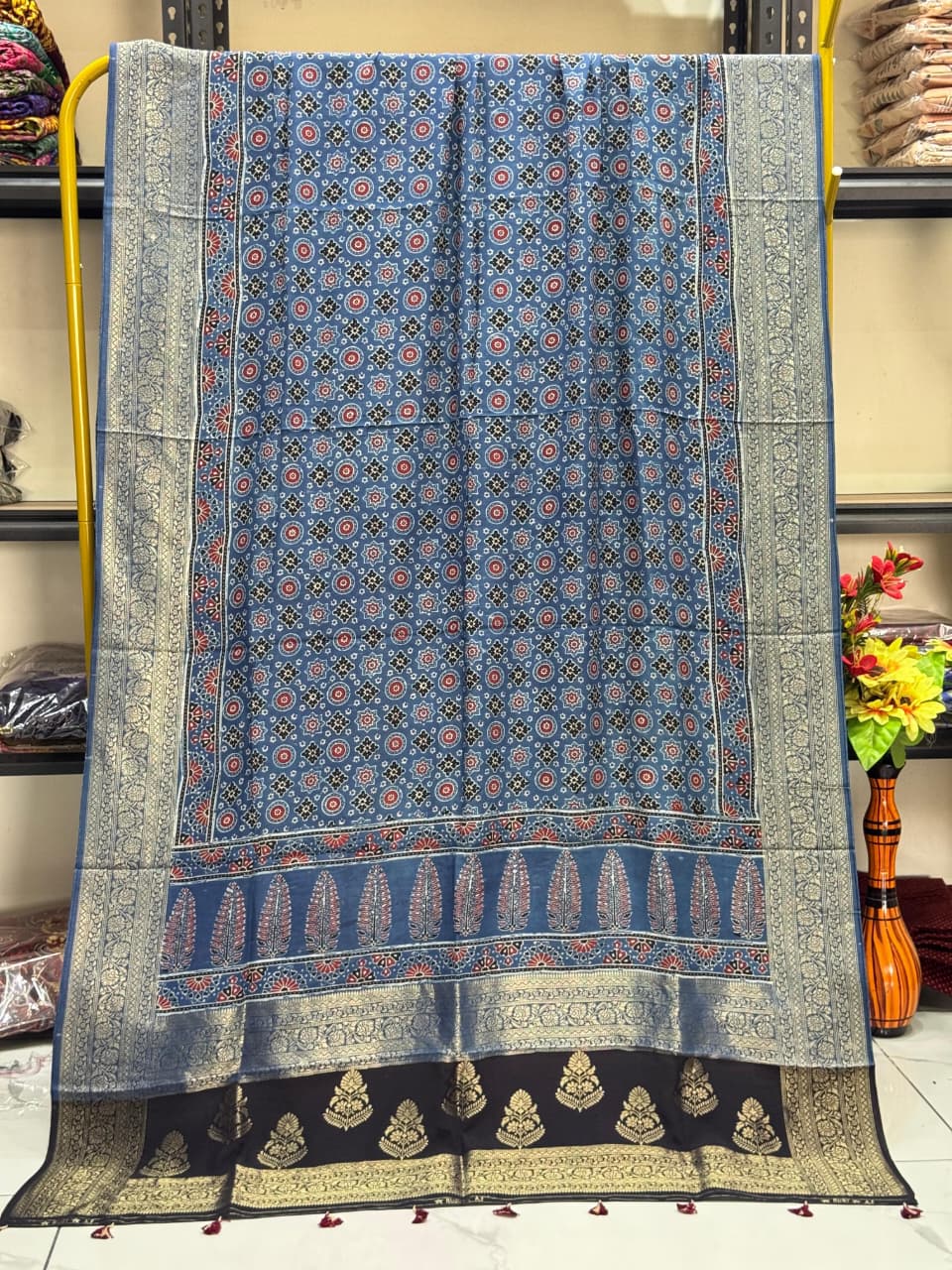 Dola Silk Ajrakh Hand Block Print Natural Dye Zari Pallu Dupatta 13 - The Ajrakh Studio