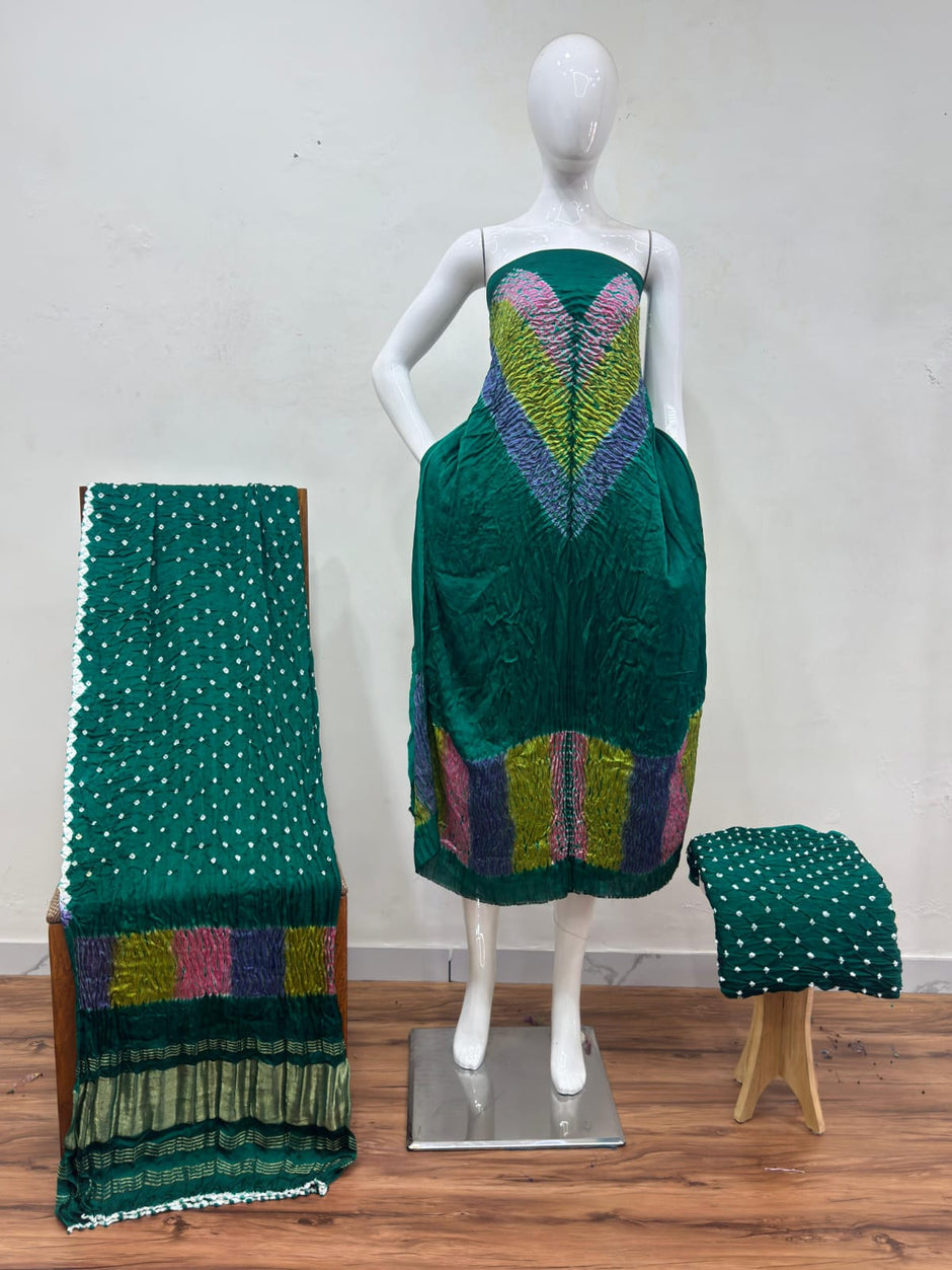 Modal Silk Multi Shibori Neck Daman Patta Zari Pallu Suit 03 - The Ajrakh Studio