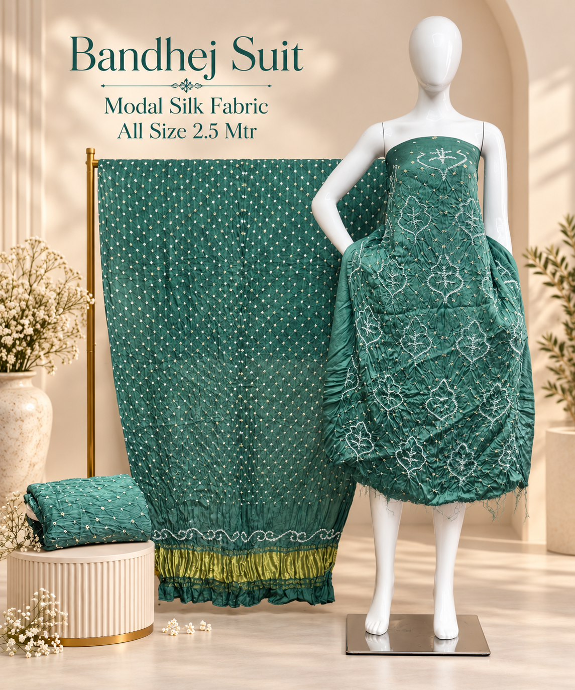 Premium Barik Bandhej Modal Silk 3-Piece Suit with Tissue Pallu - The Ajrakh Studio