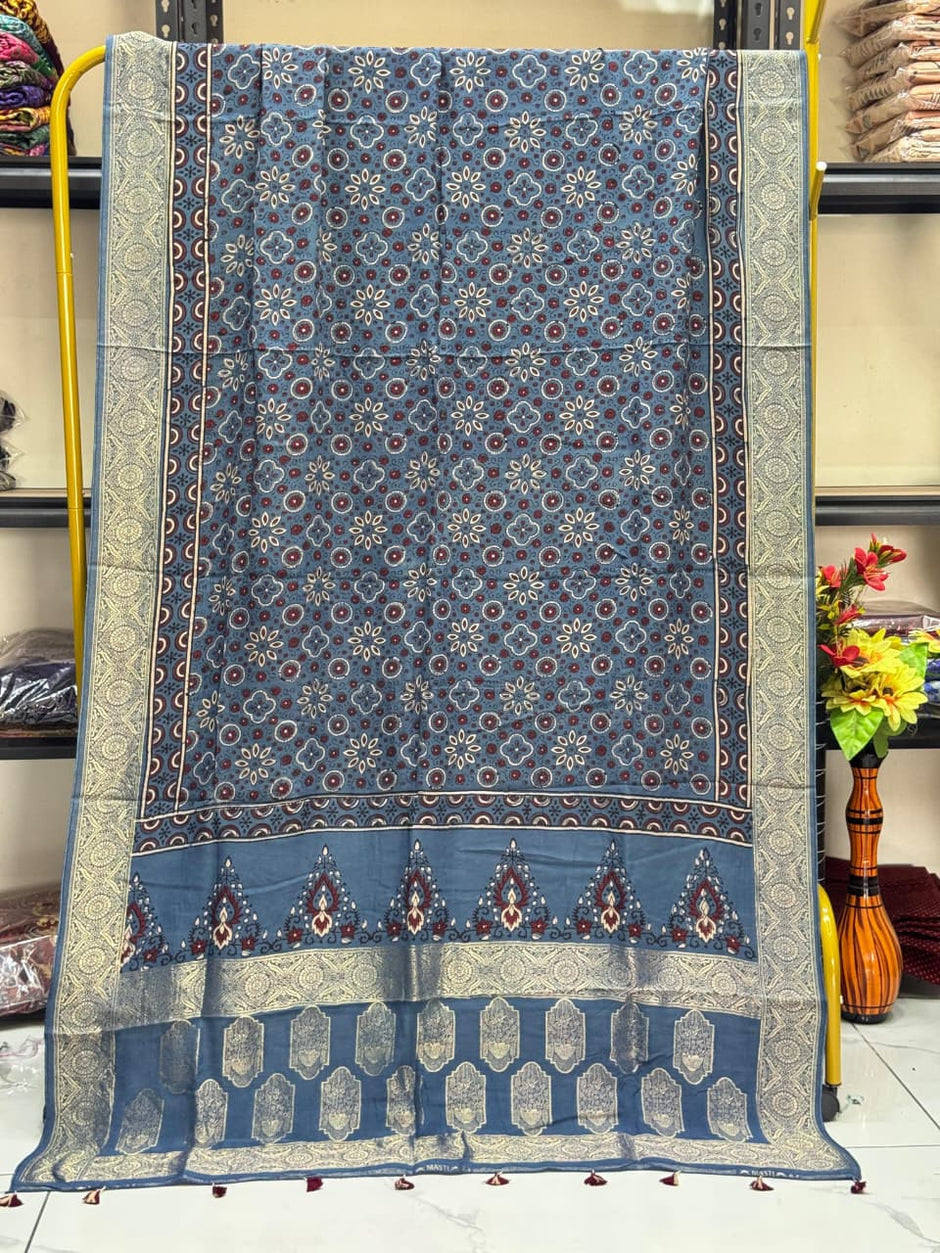 Dola Silk Ajrakh Hand Block Print Natural Dye Zari Pallu Dupatta 09 - The Ajrakh Studio