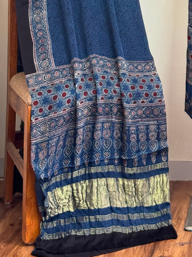 Ajrakh Hand Block Print Natural Dye Pure Modal Silk 3 Piece Suit with Zari Pallu Dupatta