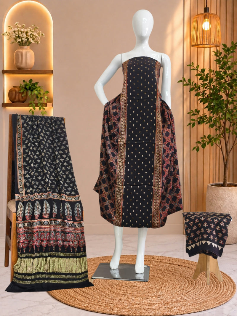 Ajrakh Hand Block Print Natural Dye Pure Modal Silk 3 Piece Suit with Zari Pallu Dupatta