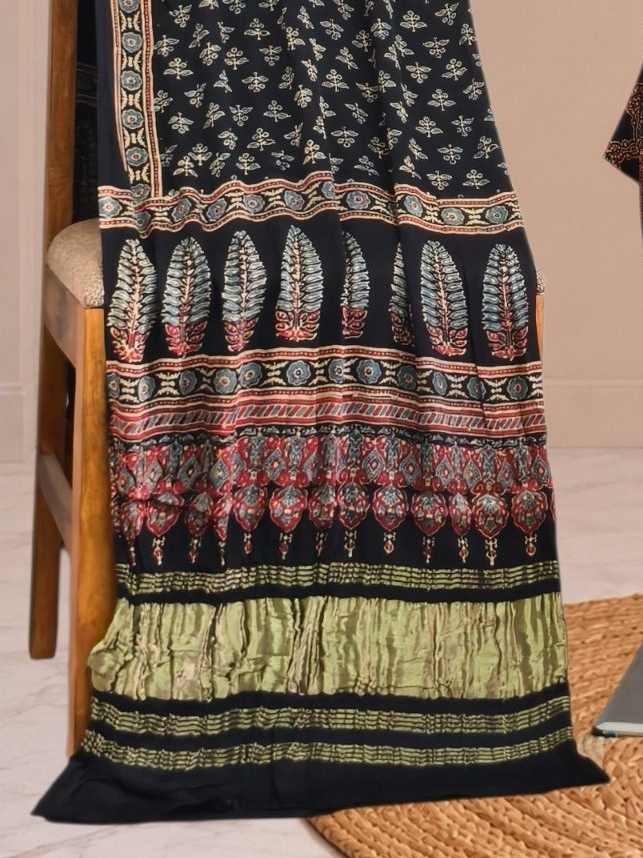 Ajrakh Hand Block Print Natural Dye Pure Modal Silk 3 Piece Suit with Zari Pallu Dupatta