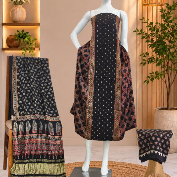 Ajrakh Hand Block Print Natural Dye Pure Modal Silk 3 Piece Suit with Zari Pallu Dupatta