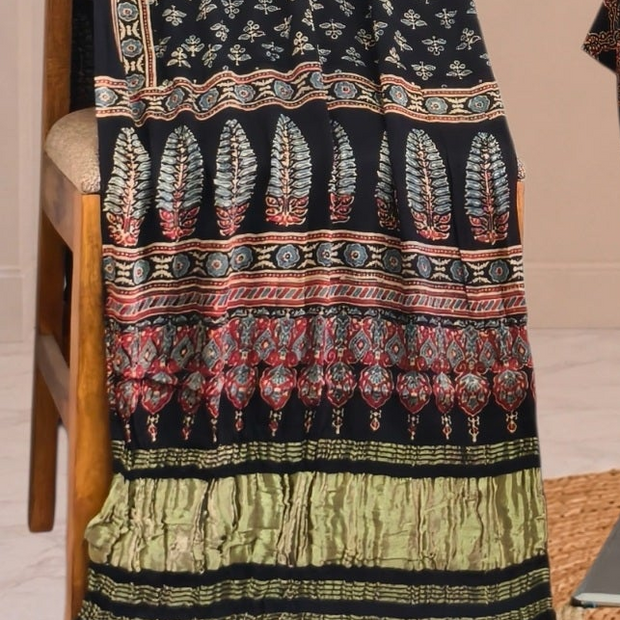 Ajrakh Hand Block Print Natural Dye Pure Modal Silk 3 Piece Suit with Zari Pallu Dupatta