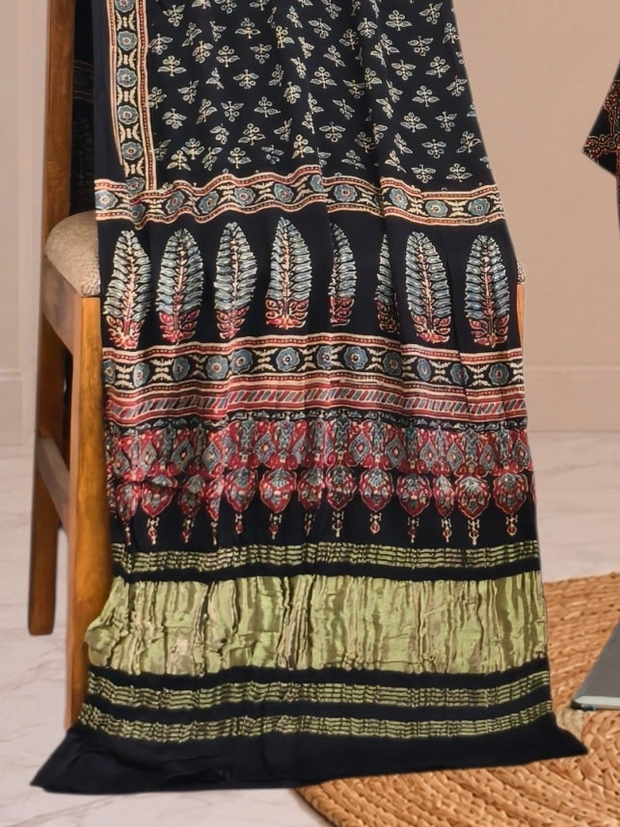 Ajrakh Hand Block Print Natural Dye Pure Modal Silk 3 Piece Suit with Zari Pallu Dupatta