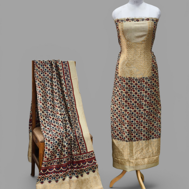 Premium Dola Silk Ajrakh Hand Block Print Natural Dye 2-Piece Suit with Zari Border Dupatta