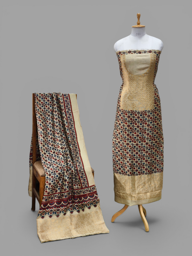 Premium Dola Silk Ajrakh Hand Block Print Natural Dye 2-Piece Suit with Zari Border Dupatta
