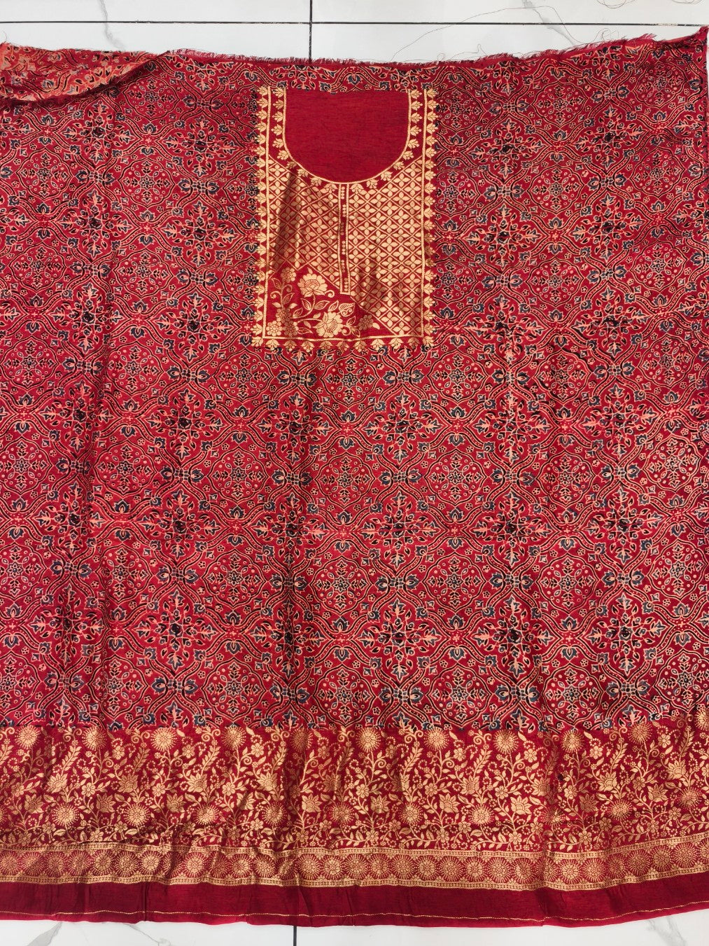 Premium Dola Silk Ajrakh Hand Block Print Natural Dye 2-Piece Suit with Zari Border Dupatta