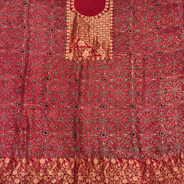 Premium Dola Silk Ajrakh Hand Block Print Natural Dye 2-Piece Suit with Zari Border Dupatta