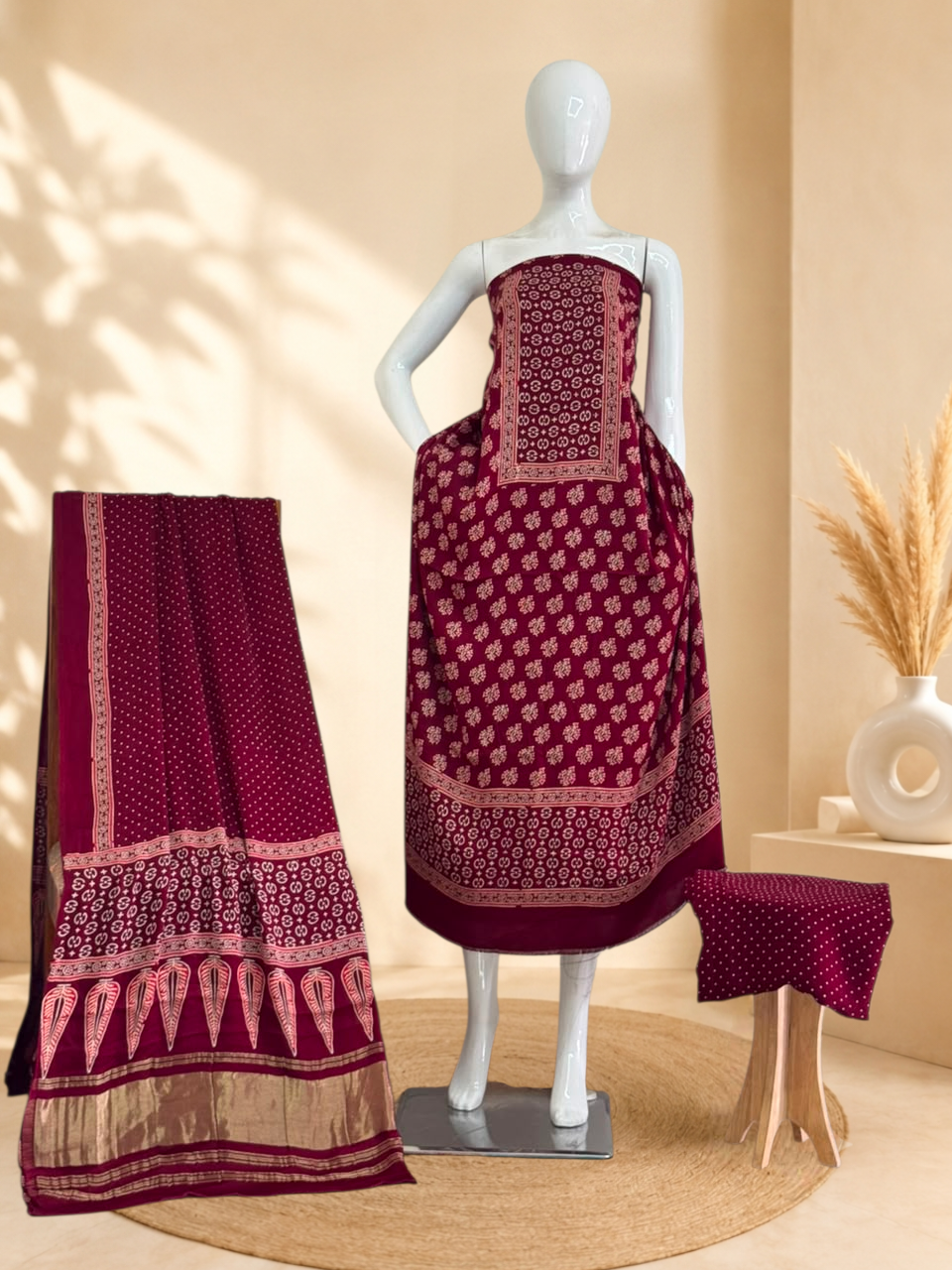Premium Ajrakh Hand Block Print Modal Silk 3-Piece Suit Set with Zari Pallu Dupatta
