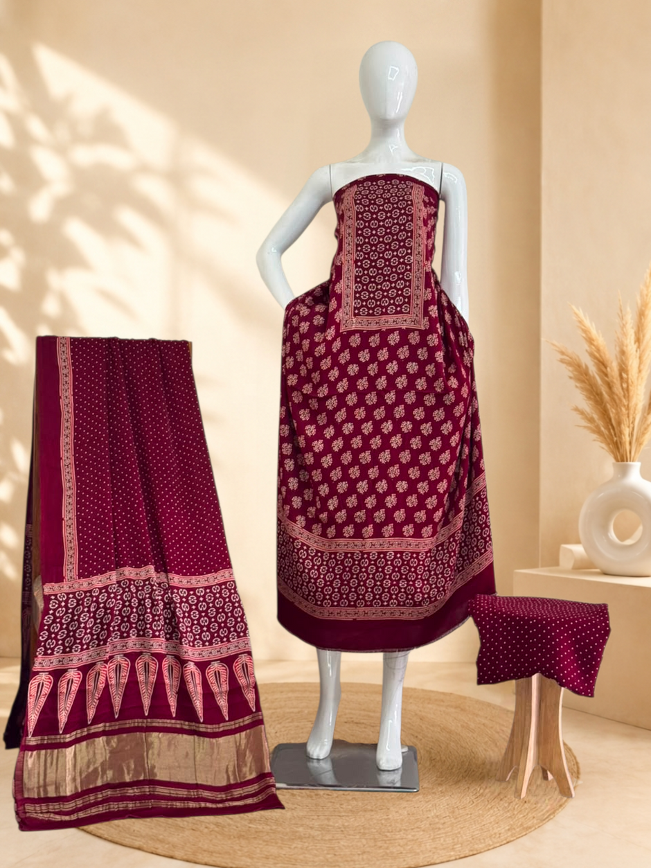 Premium Ajrakh Hand Block Print Modal Silk 3-Piece Suit Set with Zari Pallu Dupatta