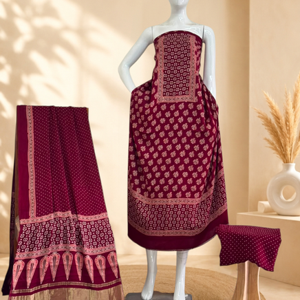 Premium Ajrakh Hand Block Print Modal Silk 3-Piece Suit Set with Zari Pallu Dupatta