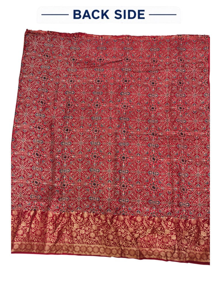 Premium Dola Silk Ajrakh Hand Block Print Natural Dye 2-Piece Suit with Zari Border Dupatta