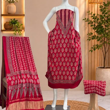 Premium  Ajrakh Hand Block Print Modal Silk 3-Piece Suit Set with Zari Pallu Dupatta